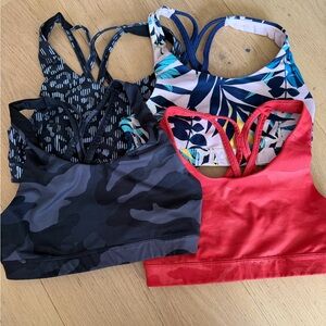 Women’s Strappy Sports Bras - Red, Black, Blue Leaf Print, Navy Pattern